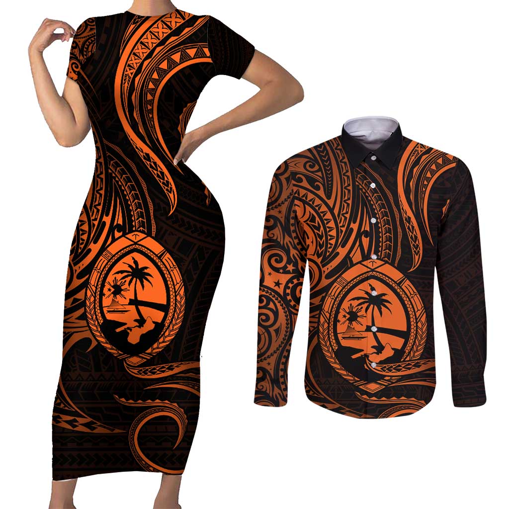 Polynesian Guam Coat of Arms Couples Matching Short Sleeve Bodycon Dress and Long Sleeve Button Shirt Polynesian Tribal Tattoo Orange Version