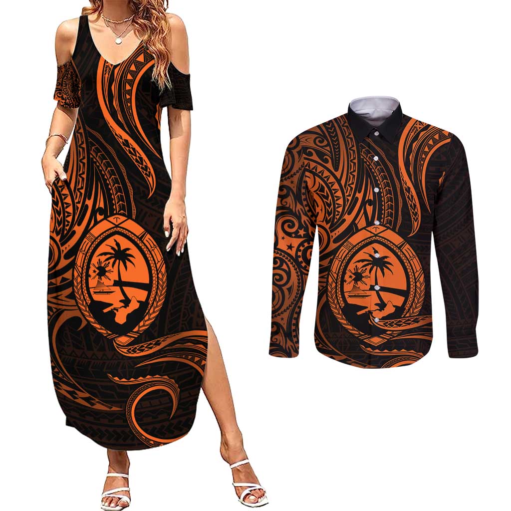 Polynesian Guam Coat of Arms Couples Matching Summer Maxi Dress and Long Sleeve Button Shirt Polynesian Tribal Tattoo Orange Version