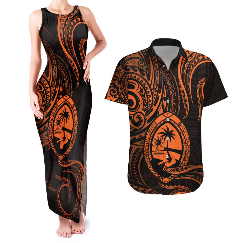 Polynesian Guam Coat of Arms Couples Matching Tank Maxi Dress and Hawaiian Shirt Polynesian Tribal Tattoo Orange Version LT9 Orange - Polynesian Pride