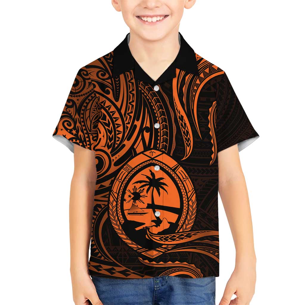 Polynesian Guam Coat of Arms Family Matching Long Sleeve Bodycon Dress and Hawaiian Shirt Polynesian Tribal Tattoo Orange Version LT9 Son's Shirt Orange - Polynesian Pride