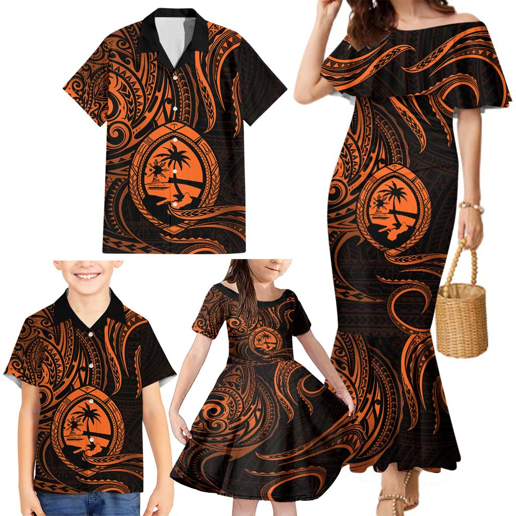 Polynesian Guam Coat of Arms Family Matching Mermaid Dress and Hawaiian Shirt Polynesian Tribal Tattoo Orange Version LT9 - Polynesian Pride