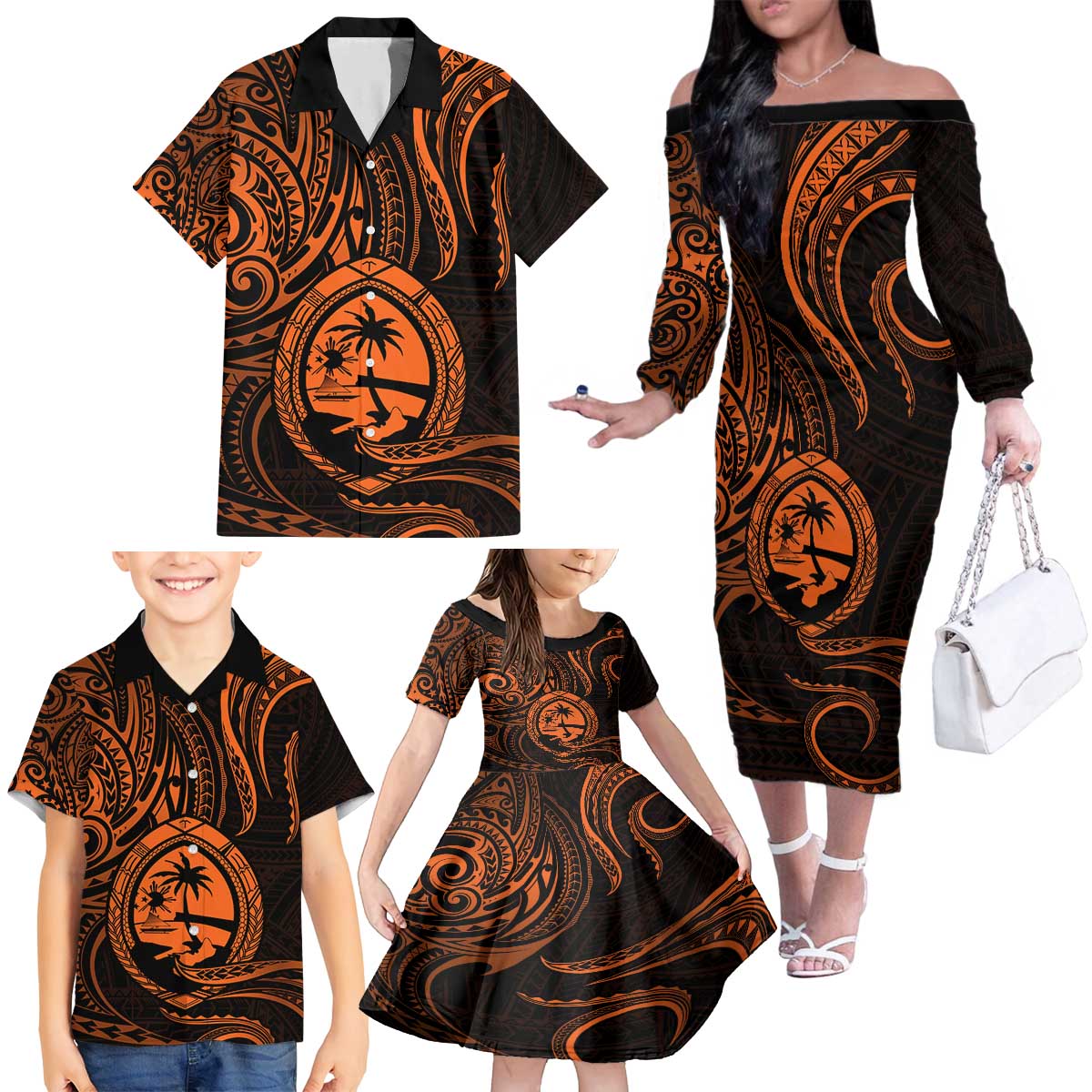 Polynesian Guam Coat of Arms Family Matching Off The Shoulder Long Sleeve Dress and Hawaiian Shirt Polynesian Tribal Tattoo Orange Version