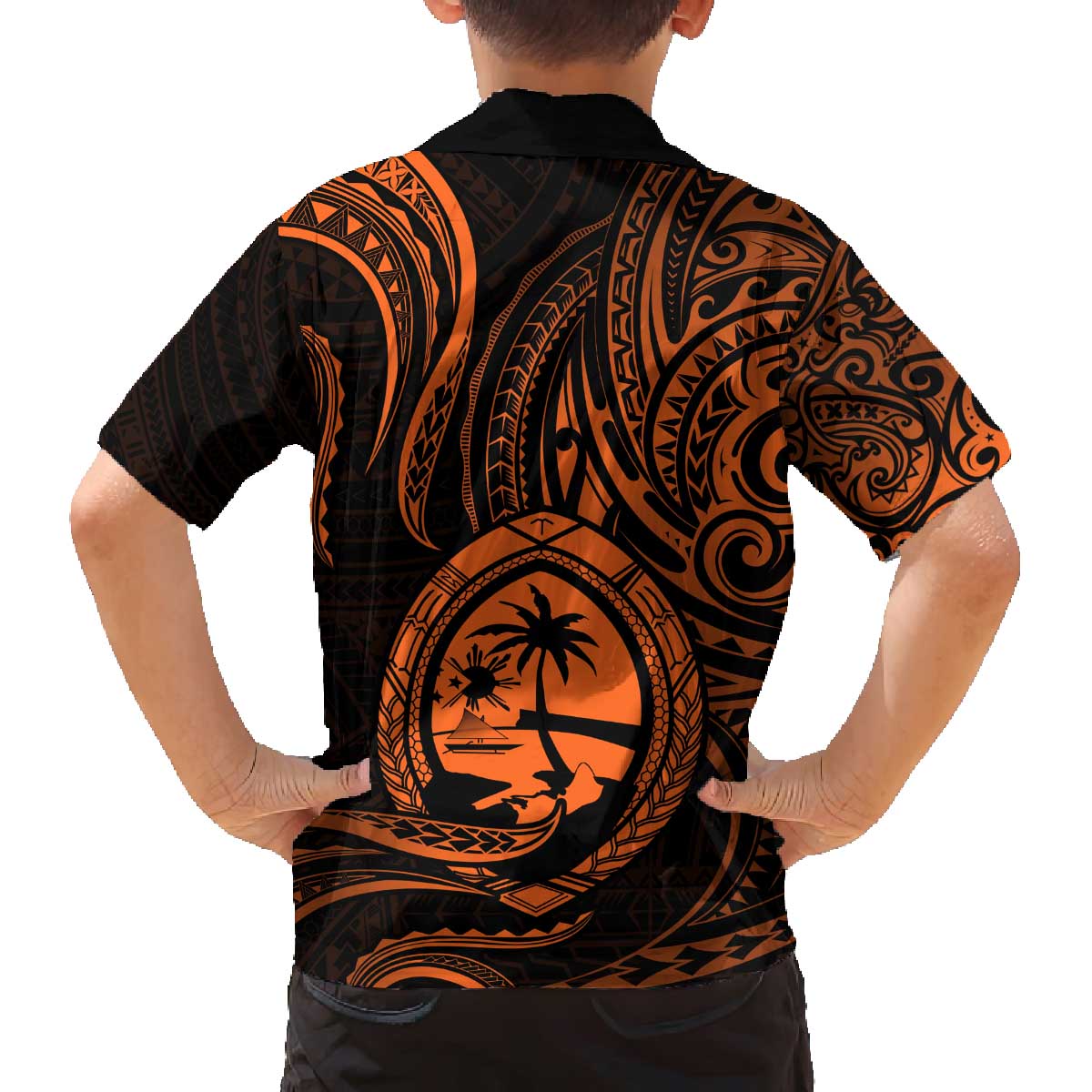 Polynesian Guam Coat of Arms Family Matching Off Shoulder Short Dress and Hawaiian Shirt Polynesian Tribal Tattoo Orange Version