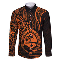Polynesian Guam Coat of Arms Family Matching Off Shoulder Short Dress and Hawaiian Shirt Polynesian Tribal Tattoo Orange Version