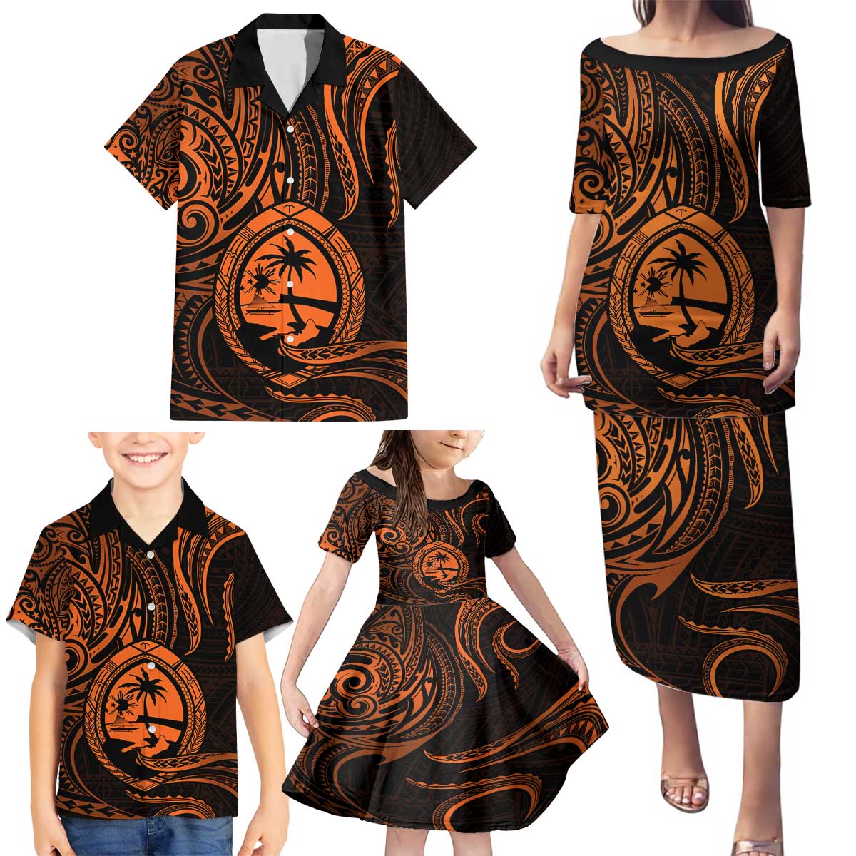 Polynesian Guam Coat of Arms Family Matching Puletasi and Hawaiian Shirt Polynesian Tribal Tattoo Orange Version LT9 - Polynesian Pride