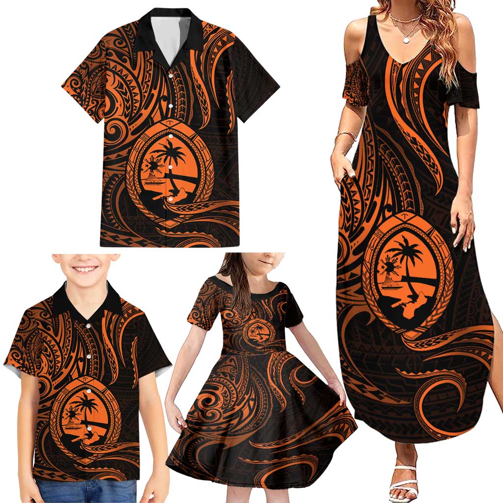 Polynesian Guam Coat of Arms Family Matching Summer Maxi Dress and Hawaiian Shirt Polynesian Tribal Tattoo Orange Version