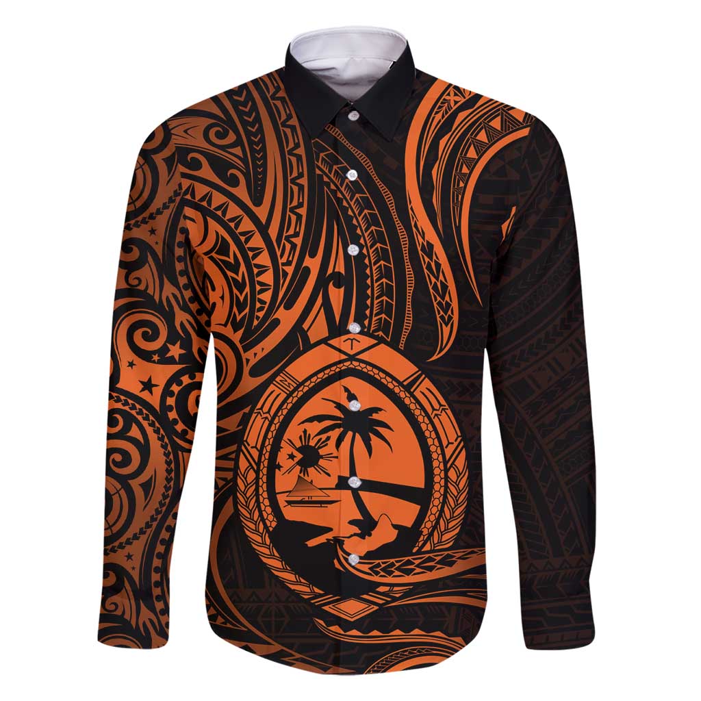 Polynesian Guam Coat of Arms Family Matching Summer Maxi Dress and Hawaiian Shirt Polynesian Tribal Tattoo Orange Version
