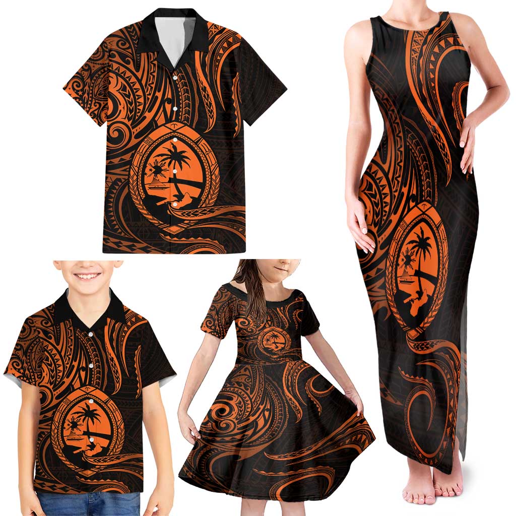 Polynesian Guam Coat of Arms Family Matching Tank Maxi Dress and Hawaiian Shirt Polynesian Tribal Tattoo Orange Version