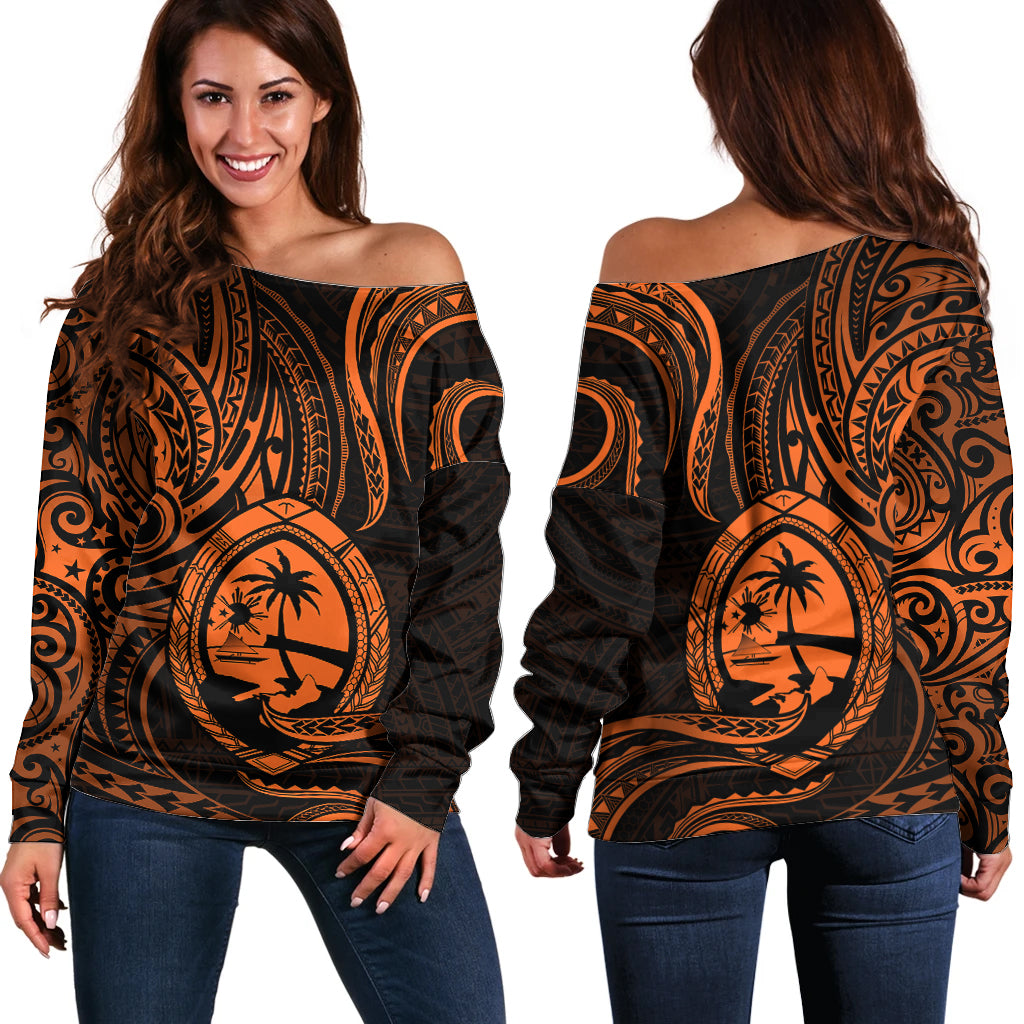 Polynesian Pride Guam Off Shoulder Sweater With Polynesian Tribal Tattoo and Coat of Arms Orange Version LT9 Women Orange - Polynesian Pride