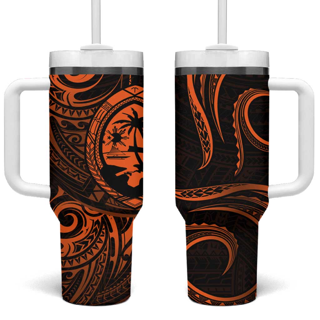 Polynesian Guam Coat of Arms Tumbler With Handle Polynesian Tribal Tattoo Orange Version