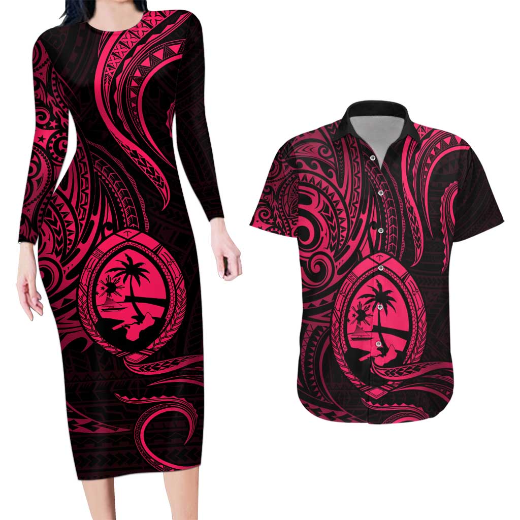 Polynesian Guam Coat of Arms Couples Matching Long Sleeve Bodycon Dress and Hawaiian Shirt Polynesian Tribal Tattoo Pink Version LT9 Pink - Polynesian Pride