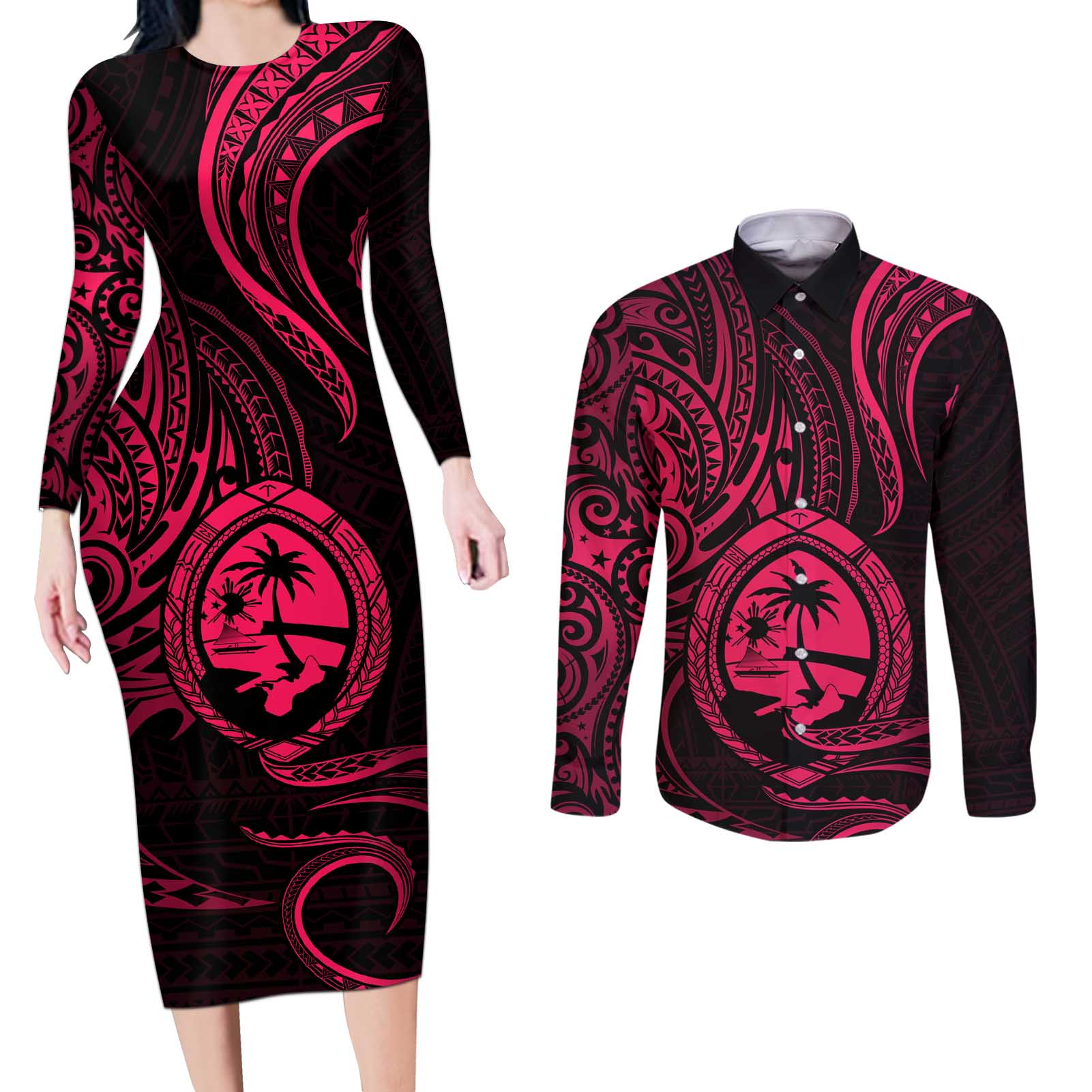 Polynesian Guam Coat of Arms Couples Matching Long Sleeve Bodycon Dress and Long Sleeve Button Shirt Polynesian Tribal Tattoo Pink Version