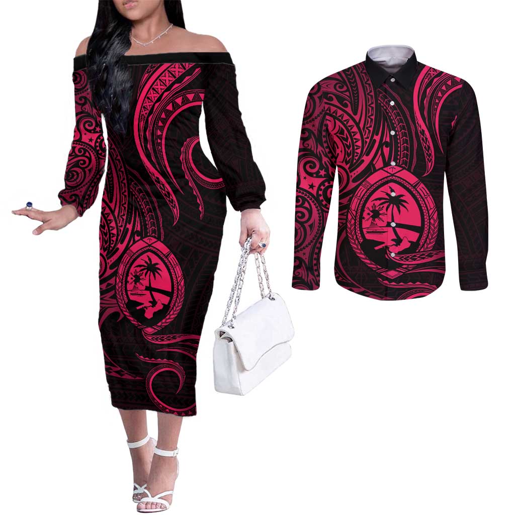 Polynesian Guam Coat of Arms Couples Matching Off The Shoulder Long Sleeve Dress and Long Sleeve Button Shirt Polynesian Tribal Tattoo Pink Version LT9 Pink - Polynesian Pride