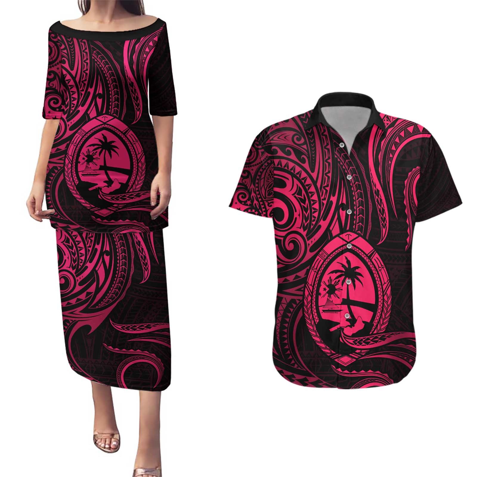 Polynesian Guam Coat of Arms Couples Matching Puletasi and Hawaiian Shirt Polynesian Tribal Tattoo Pink Version LT9 Pink - Polynesian Pride