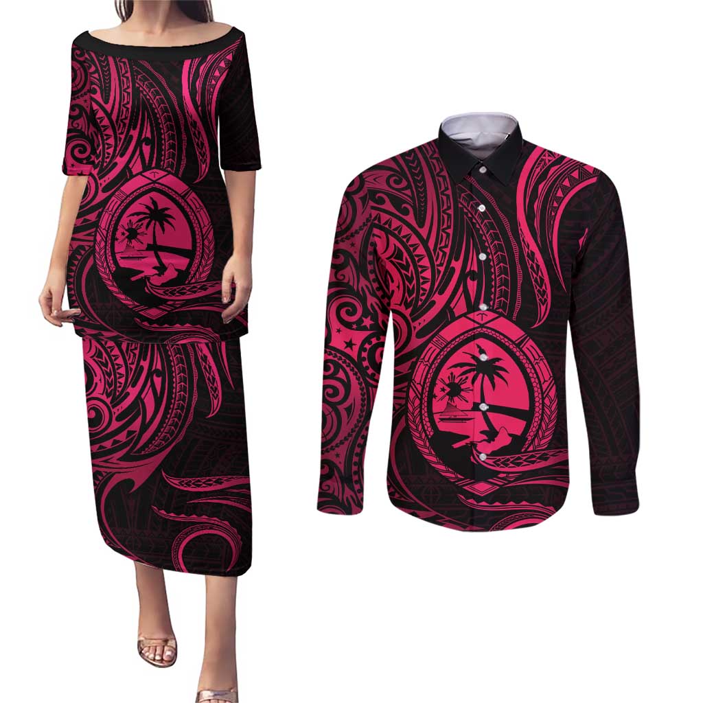 Polynesian Guam Coat of Arms Couples Matching Puletasi and Long Sleeve Button Shirt Polynesian Tribal Tattoo Pink Version LT9 Pink - Polynesian Pride