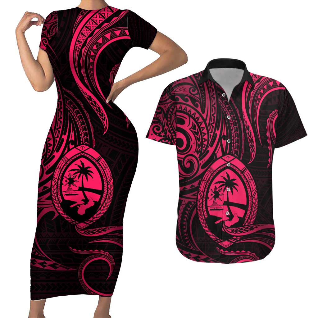 Polynesian Guam Coat of Arms Couples Matching Short Sleeve Bodycon Dress and Hawaiian Shirt Polynesian Tribal Tattoo Pink Version LT9 Pink - Polynesian Pride