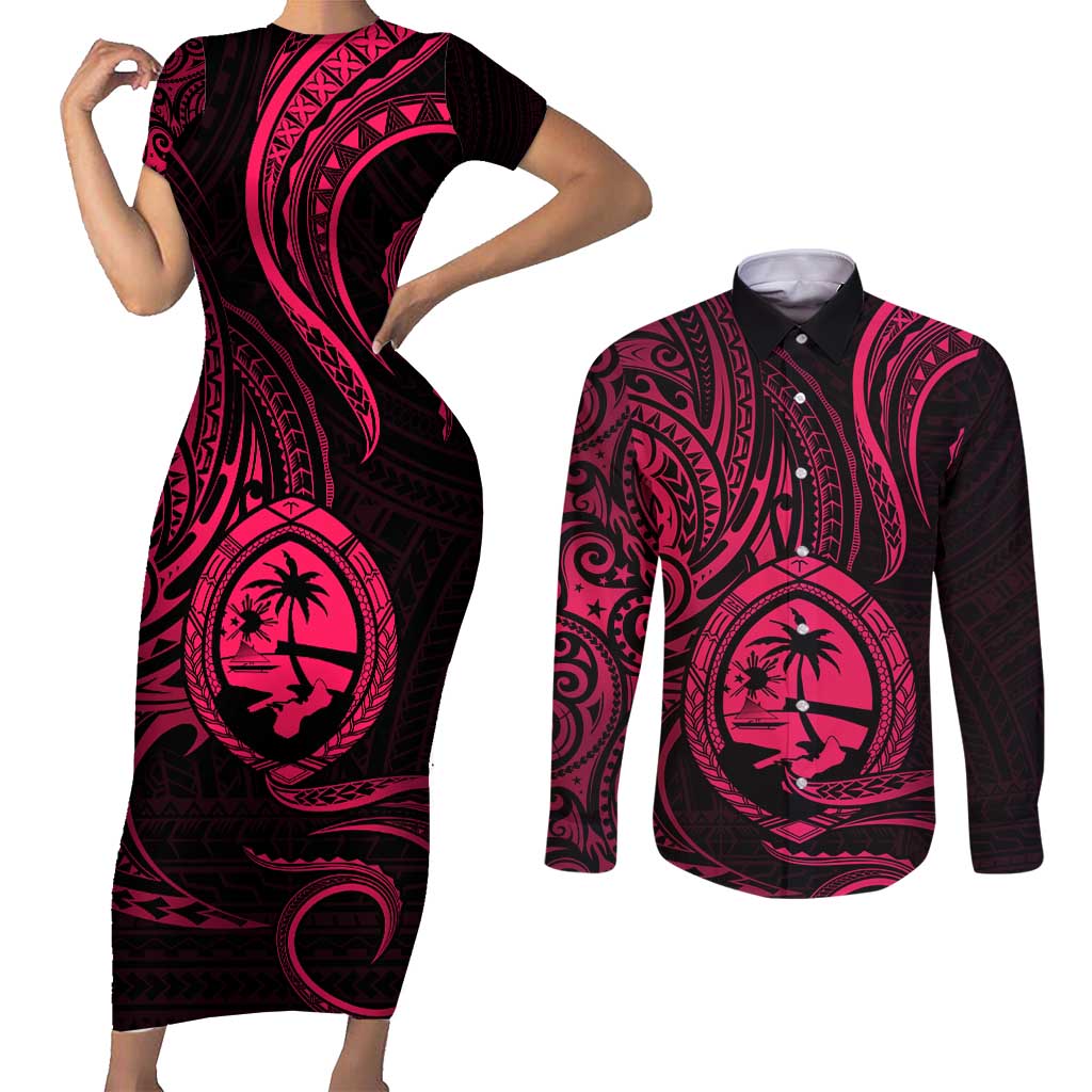 Polynesian Guam Coat of Arms Couples Matching Short Sleeve Bodycon Dress and Long Sleeve Button Shirt Polynesian Tribal Tattoo Pink Version