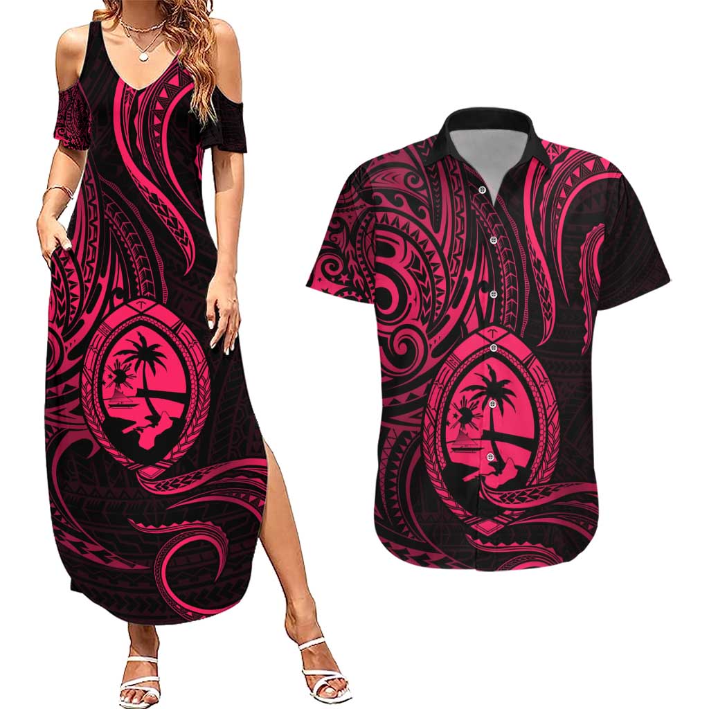 Polynesian Guam Coat of Arms Couples Matching Summer Maxi Dress and Hawaiian Shirt Polynesian Tribal Tattoo Pink Version