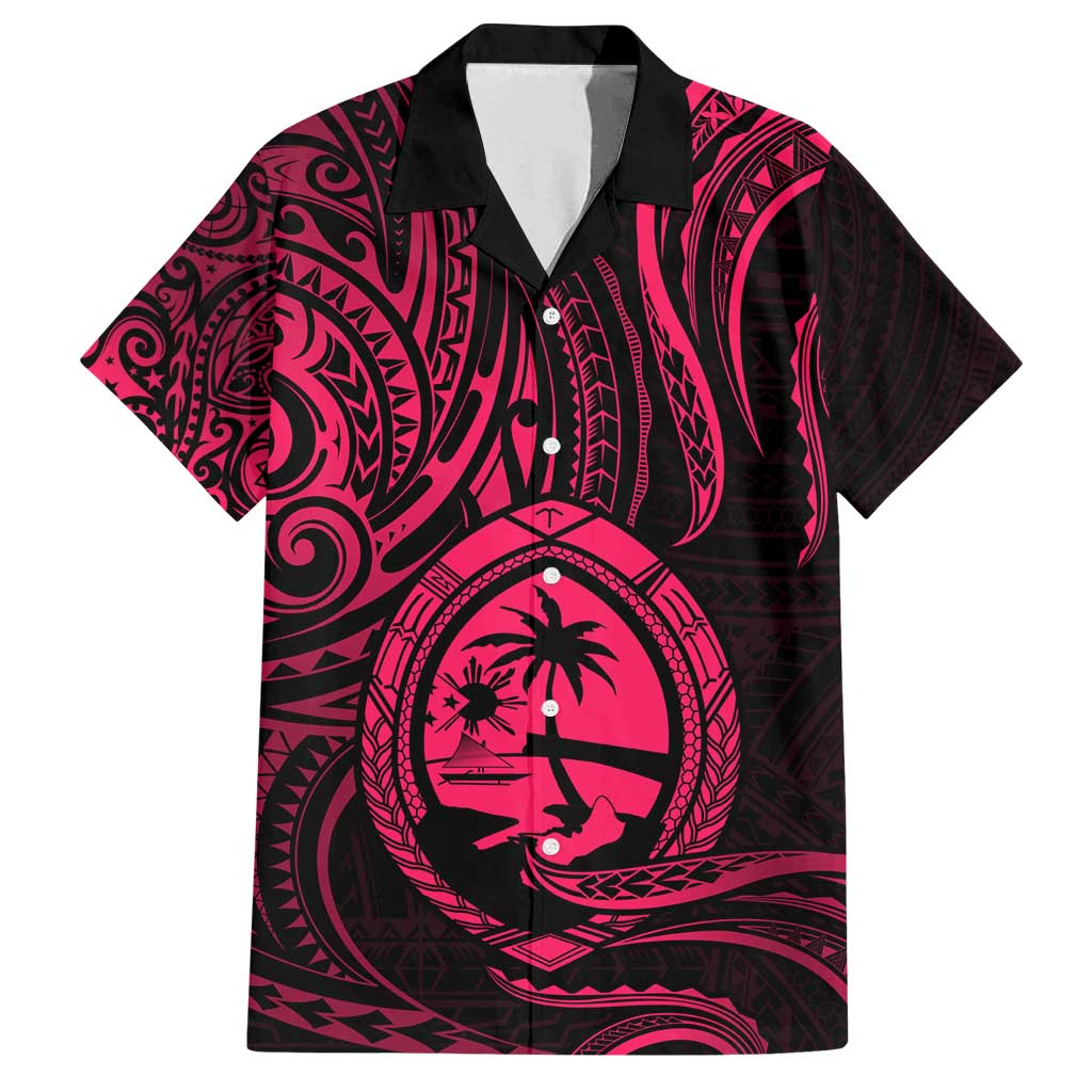 Polynesian Guam Coat of Arms Family Matching Long Sleeve Bodycon Dress and Hawaiian Shirt Polynesian Tribal Tattoo Pink Version