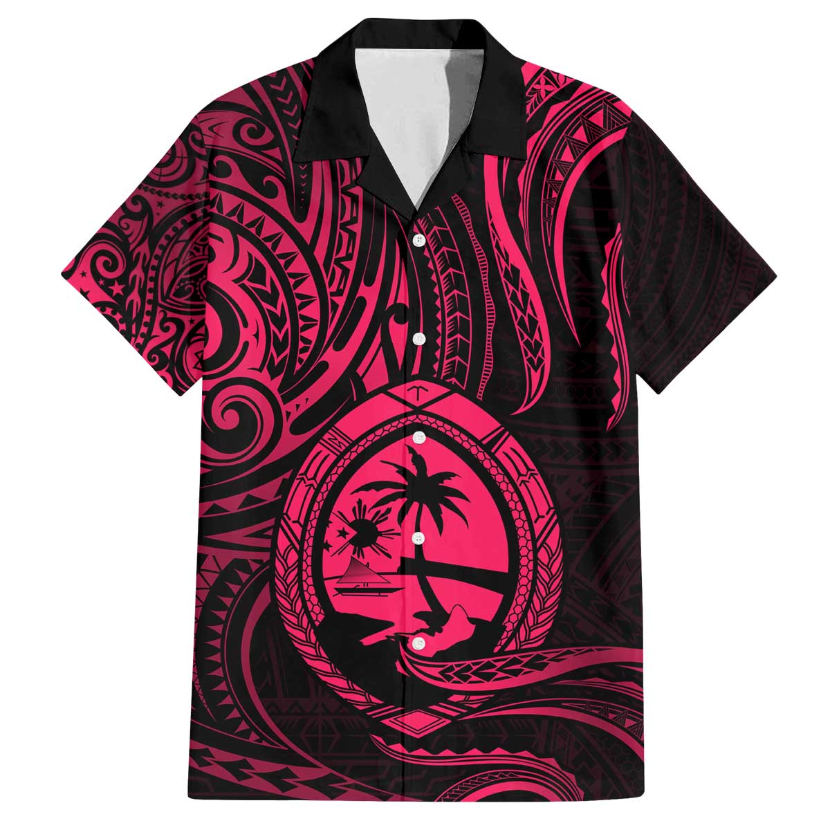 Polynesian Guam Coat of Arms Family Matching Off The Shoulder Long Sleeve Dress and Hawaiian Shirt Polynesian Tribal Tattoo Pink Version LT9 Dad's Shirt - Short Sleeve Pink - Polynesian Pride