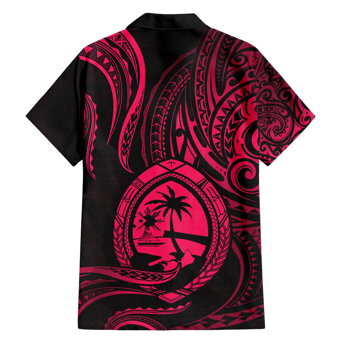 Polynesian Guam Coat of Arms Family Matching Off The Shoulder Long Sleeve Dress and Hawaiian Shirt Polynesian Tribal Tattoo Pink Version LT9 - Polynesian Pride