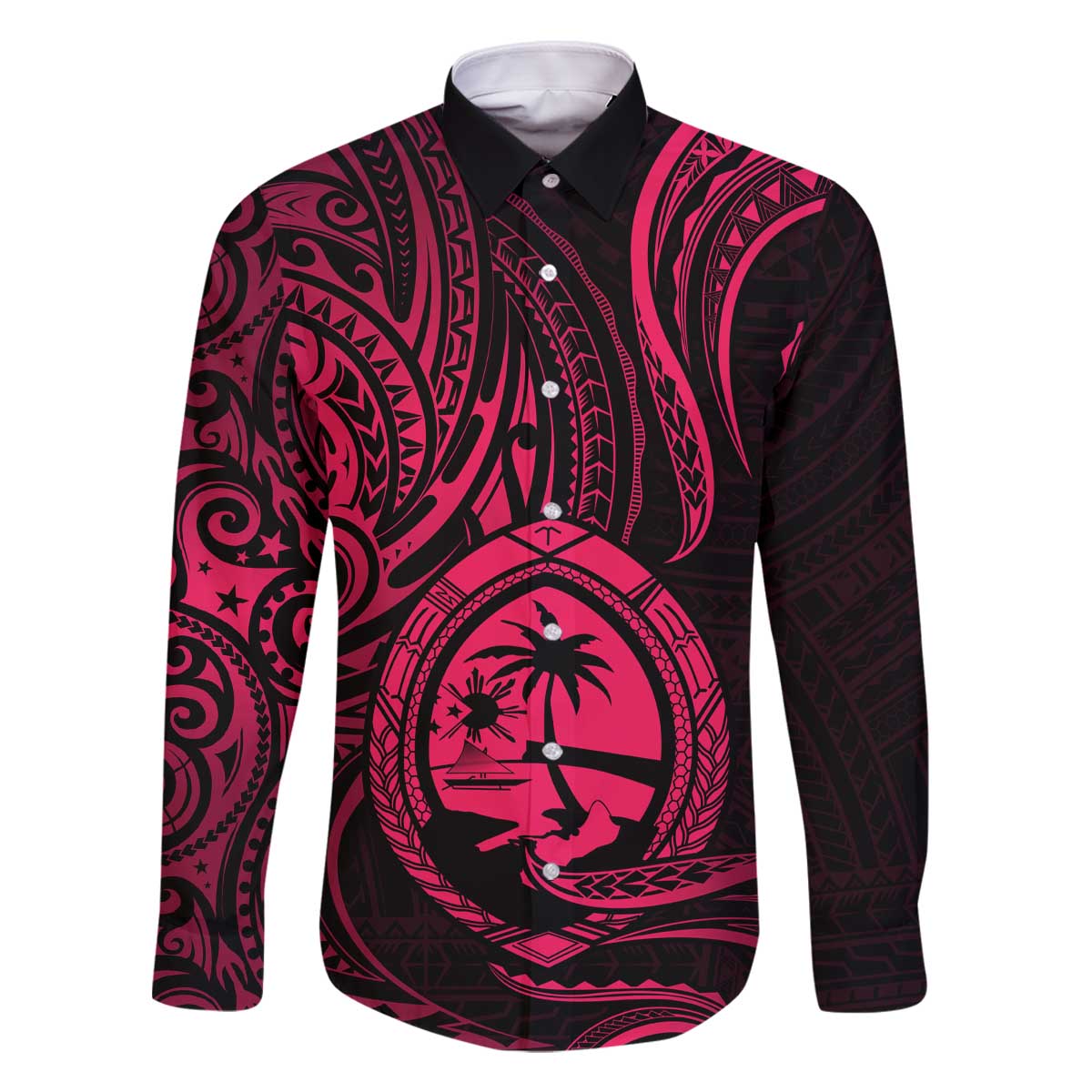 Polynesian Guam Coat of Arms Family Matching Off The Shoulder Long Sleeve Dress and Hawaiian Shirt Polynesian Tribal Tattoo Pink Version LT9 Dad's Shirt - Long Sleeve Pink - Polynesian Pride