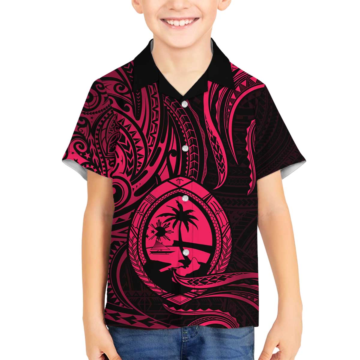 Polynesian Guam Coat of Arms Family Matching Off The Shoulder Long Sleeve Dress and Hawaiian Shirt Polynesian Tribal Tattoo Pink Version LT9 Son's Shirt Pink - Polynesian Pride