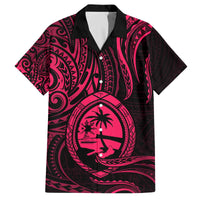 Polynesian Guam Coat of Arms Family Matching Off Shoulder Short Dress and Hawaiian Shirt Polynesian Tribal Tattoo Pink Version
