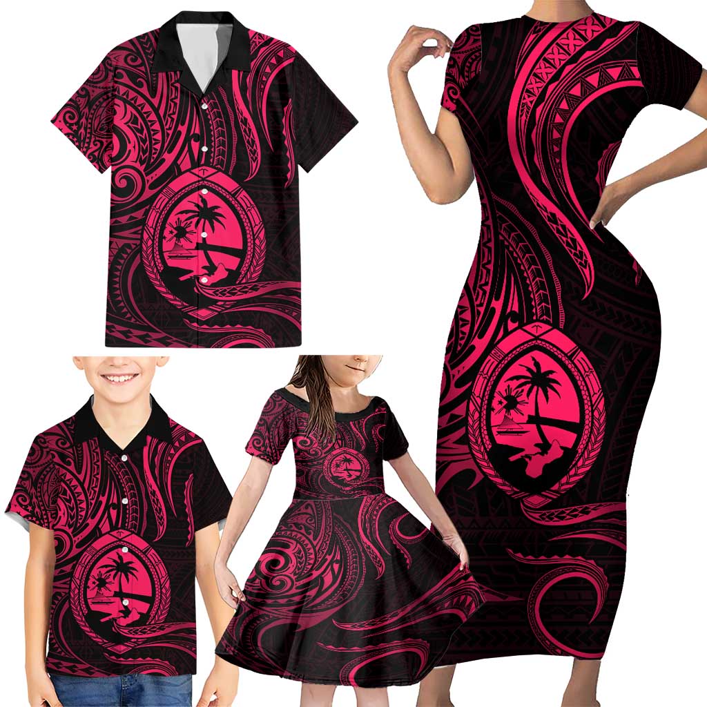 Polynesian Guam Coat of Arms Family Matching Short Sleeve Bodycon Dress and Hawaiian Shirt Polynesian Tribal Tattoo Pink Version