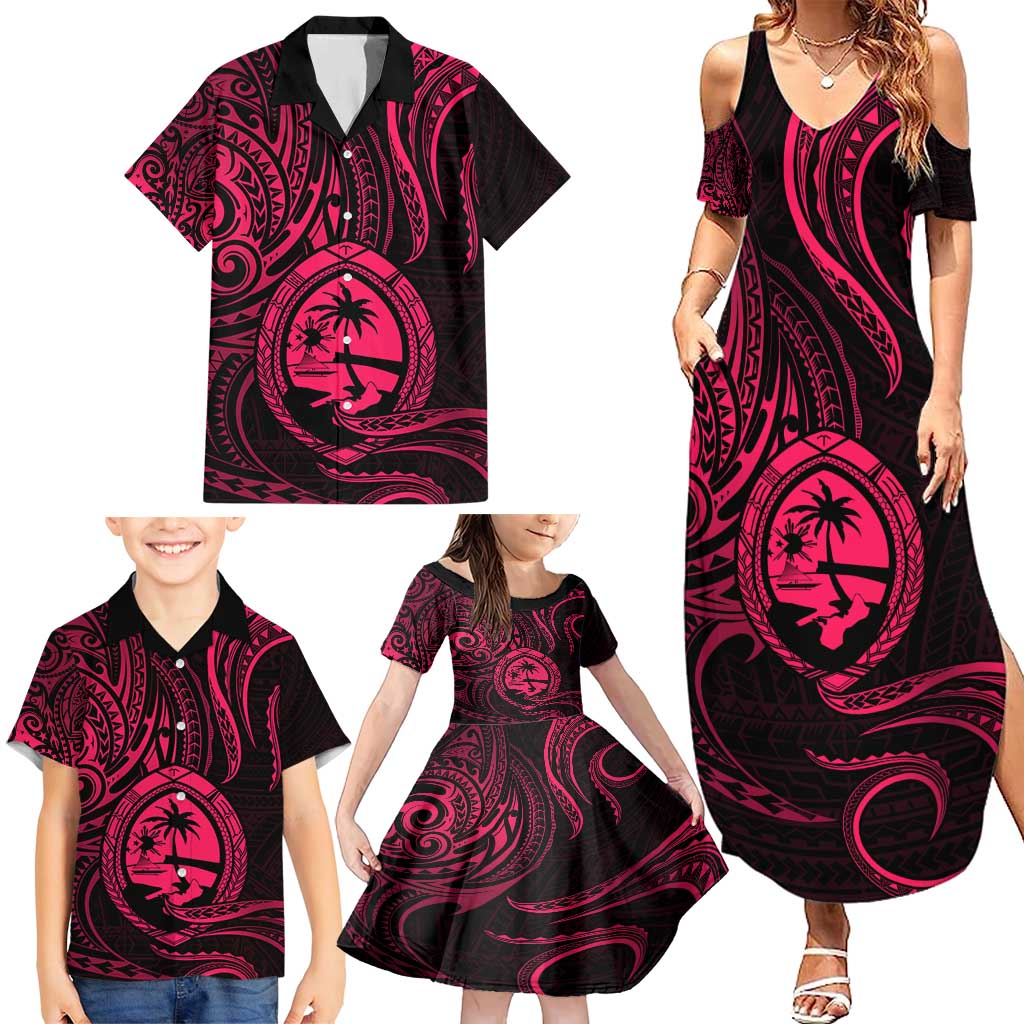 Polynesian Guam Coat of Arms Family Matching Summer Maxi Dress and Hawaiian Shirt Polynesian Tribal Tattoo Pink Version LT9 - Polynesian Pride