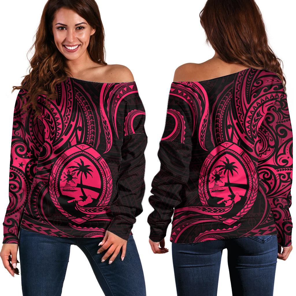 Polynesian Pride Guam Off Shoulder Sweater With Polynesian Tribal Tattoo and Coat of Arms Pink Version LT9 Women Pink - Polynesian Pride