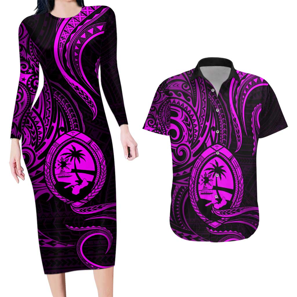 Polynesian Guam Coat of Arms Couples Matching Long Sleeve Bodycon Dress and Hawaiian Shirt Polynesian Tribal Tattoo Purple Version