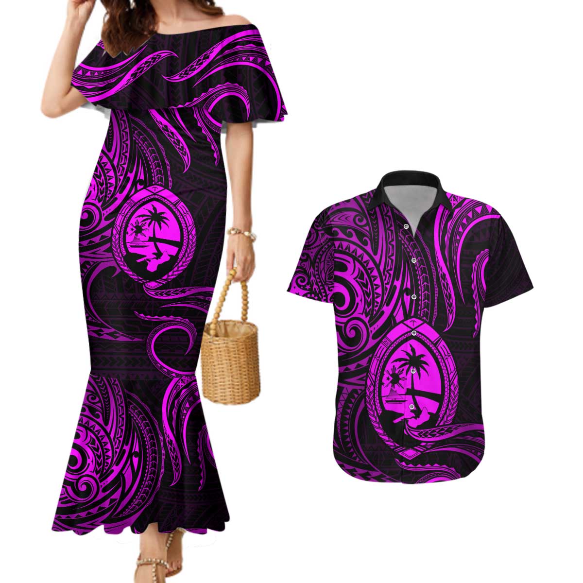 Polynesian Guam Coat of Arms Couples Matching Mermaid Dress and Hawaiian Shirt Polynesian Tribal Tattoo Purple Version