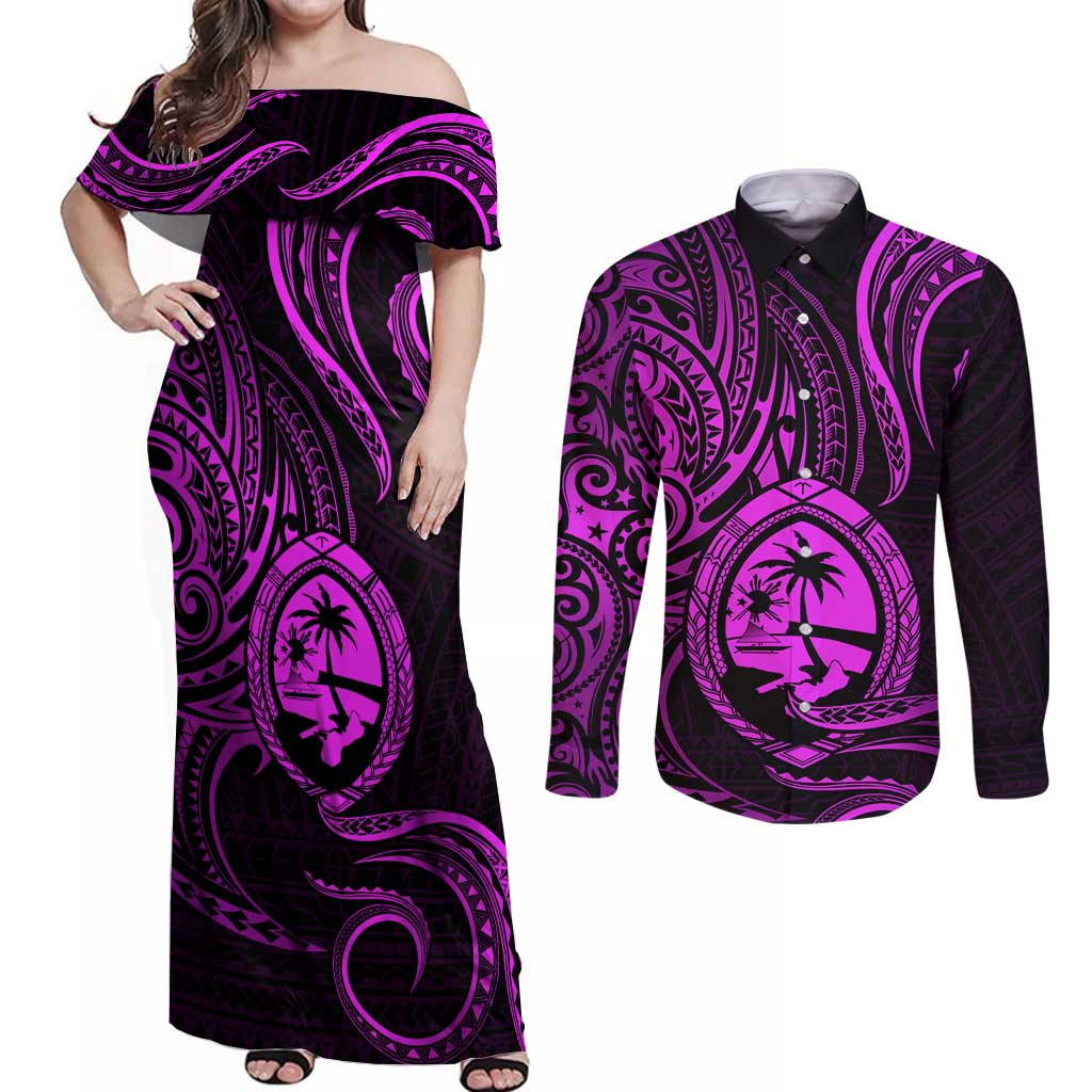 Polynesian Guam Coat of Arms Couples Matching Off Shoulder Maxi Dress and Long Sleeve Button Shirt Polynesian Tribal Tattoo Purple Version