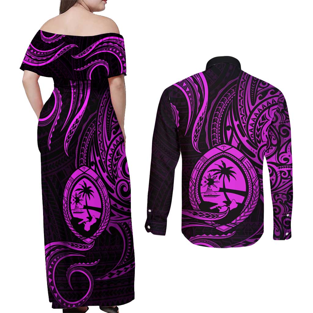 Polynesian Guam Coat of Arms Couples Matching Off Shoulder Maxi Dress and Long Sleeve Button Shirt Polynesian Tribal Tattoo Purple Version