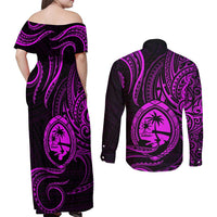Polynesian Guam Coat of Arms Couples Matching Off Shoulder Maxi Dress and Long Sleeve Button Shirt Polynesian Tribal Tattoo Purple Version