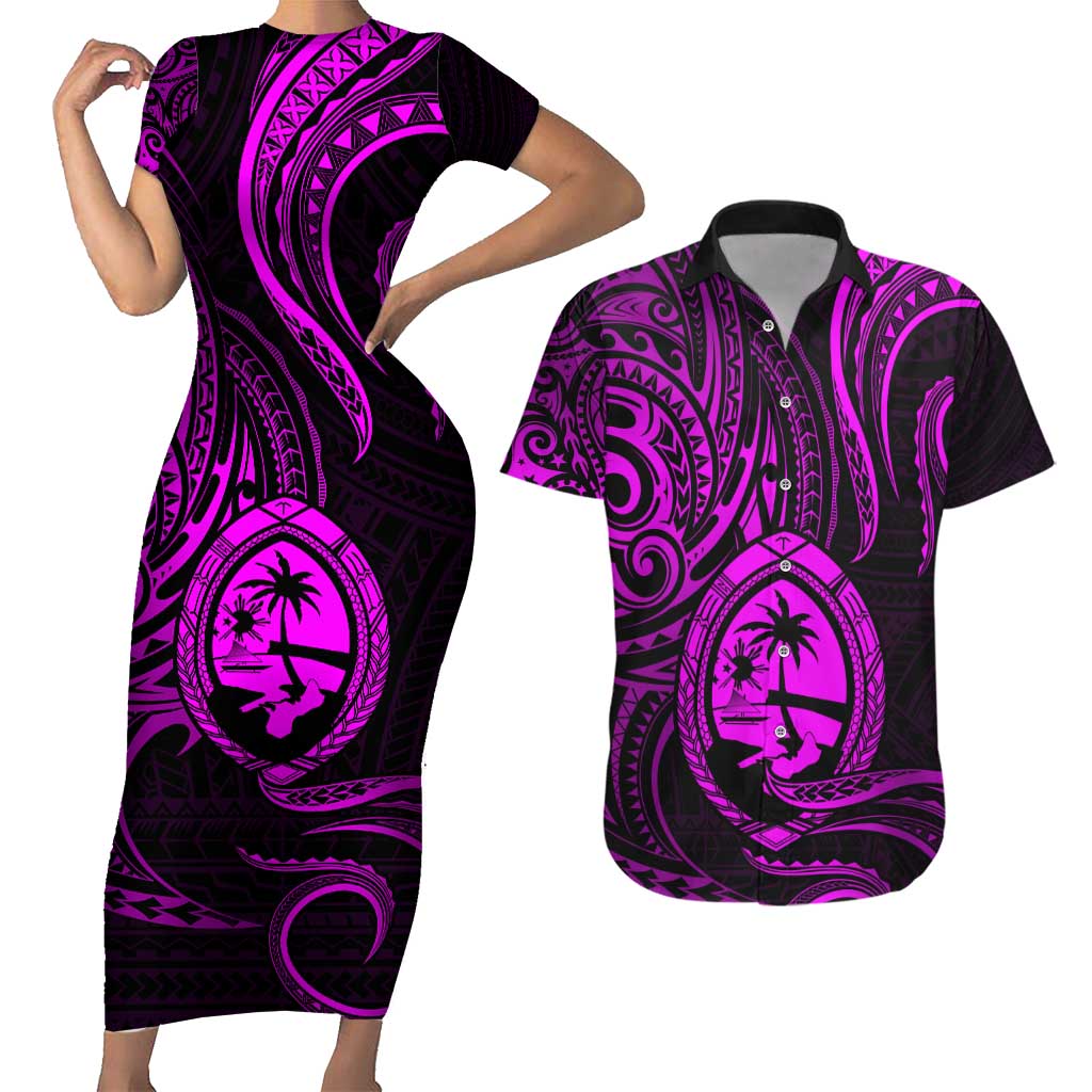 Polynesian Guam Coat of Arms Couples Matching Short Sleeve Bodycon Dress and Hawaiian Shirt Polynesian Tribal Tattoo Purple Version LT9 Purple - Polynesian Pride
