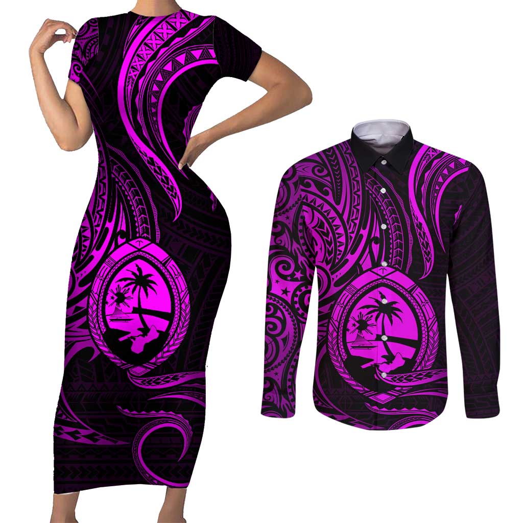 Polynesian Guam Coat of Arms Couples Matching Short Sleeve Bodycon Dress and Long Sleeve Button Shirt Polynesian Tribal Tattoo Purple Version