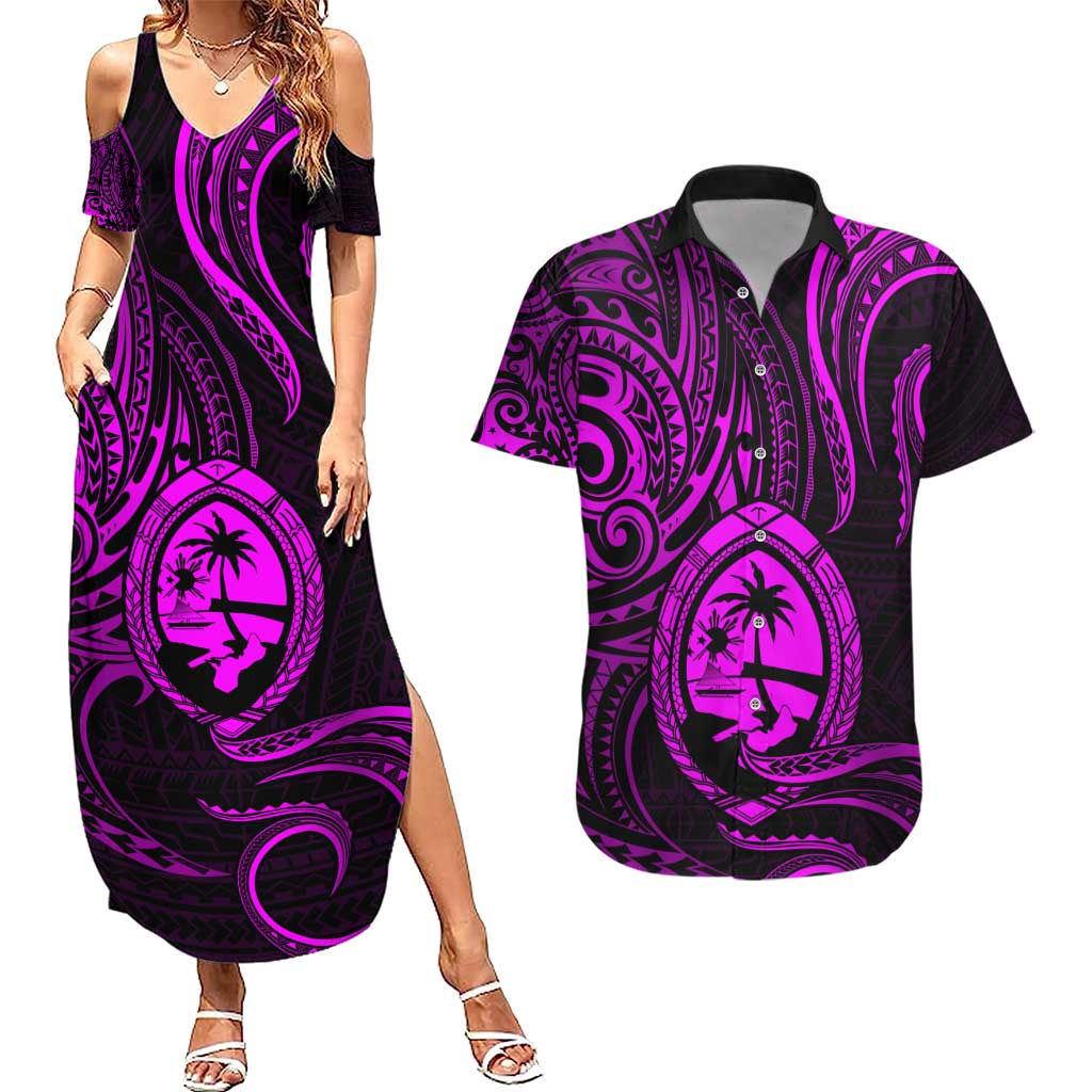 Polynesian Guam Coat of Arms Couples Matching Summer Maxi Dress and Hawaiian Shirt Polynesian Tribal Tattoo Purple Version