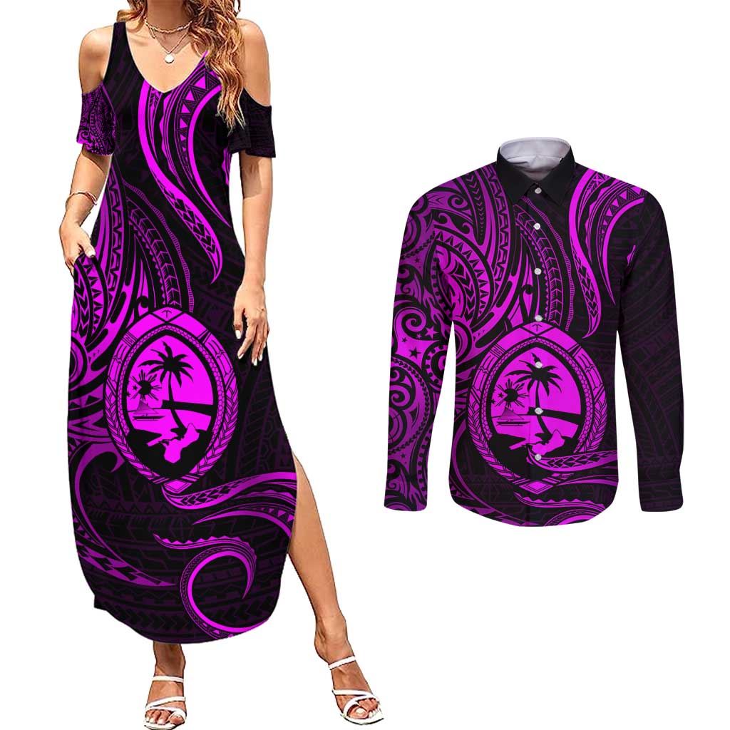 Polynesian Guam Coat of Arms Couples Matching Summer Maxi Dress and Long Sleeve Button Shirt Polynesian Tribal Tattoo Purple Version