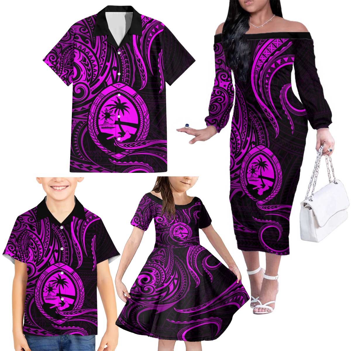 Polynesian Guam Coat of Arms Family Matching Off The Shoulder Long Sleeve Dress and Hawaiian Shirt Polynesian Tribal Tattoo Purple Version