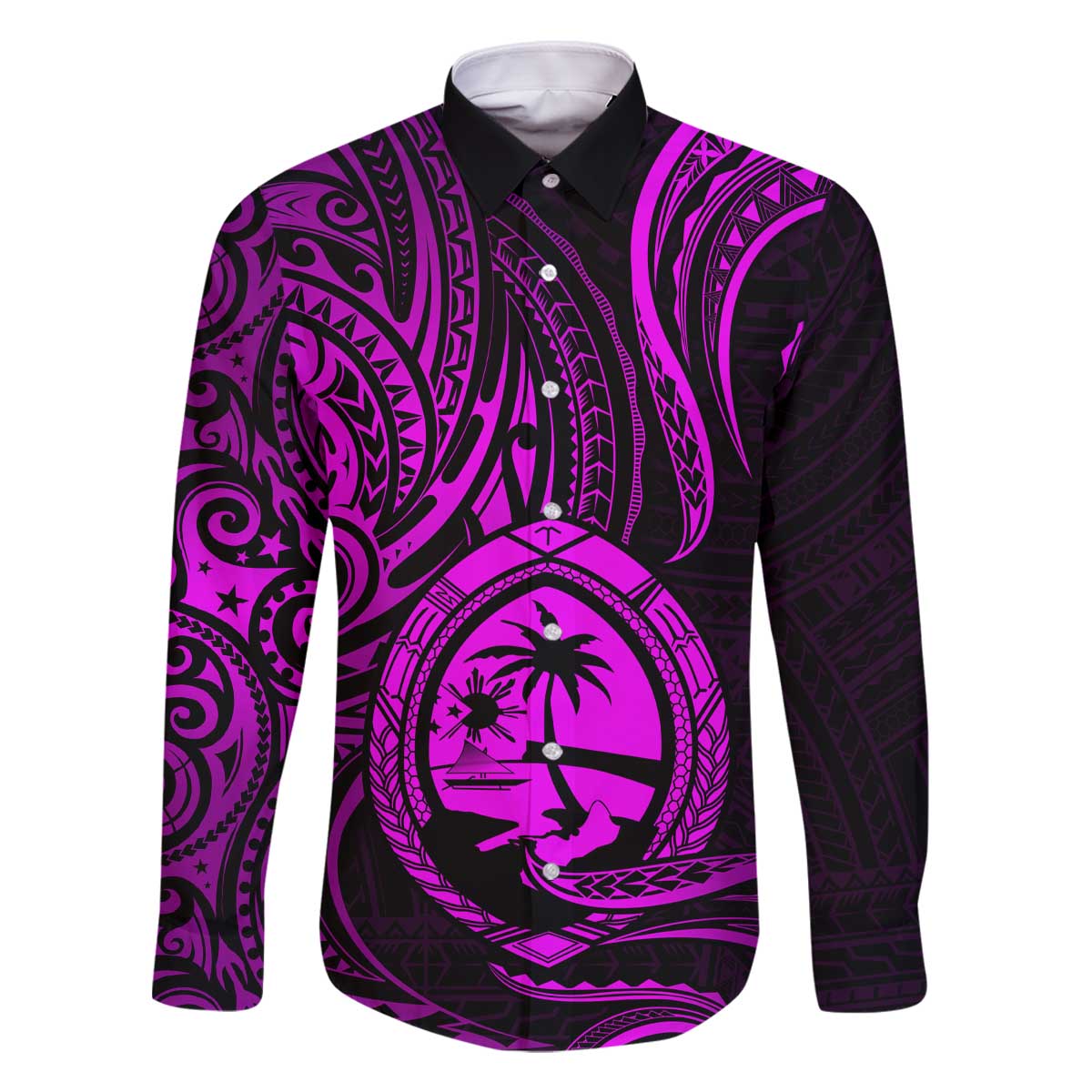 Polynesian Guam Coat of Arms Family Matching Off The Shoulder Long Sleeve Dress and Hawaiian Shirt Polynesian Tribal Tattoo Purple Version