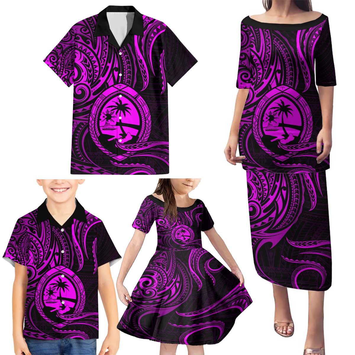 Polynesian Guam Coat of Arms Family Matching Puletasi and Hawaiian Shirt Polynesian Tribal Tattoo Purple Version