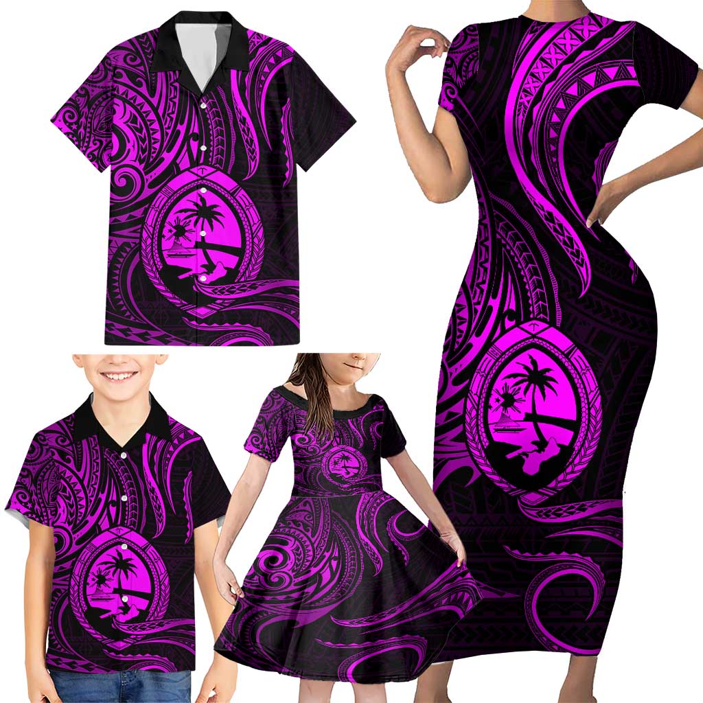 Polynesian Guam Coat of Arms Family Matching Short Sleeve Bodycon Dress and Hawaiian Shirt Polynesian Tribal Tattoo Purple Version