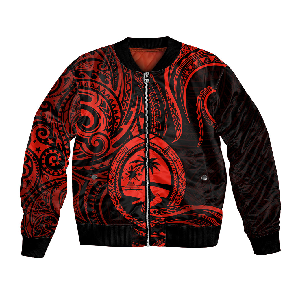 Polynesian Pride Guam Bomber Jacket With Polynesian Tribal Tattoo and Coat of Arms Red Version LT9 Unisex Red - Polynesian Pride