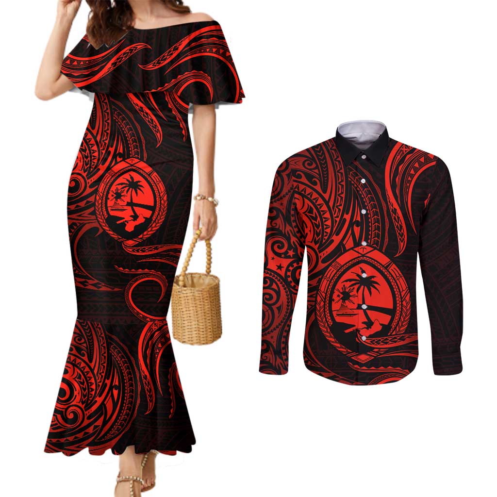 Polynesian Guam Coat of Arms Couples Matching Mermaid Dress and Long Sleeve Button Shirt Polynesian Tribal Tattoo Red Version