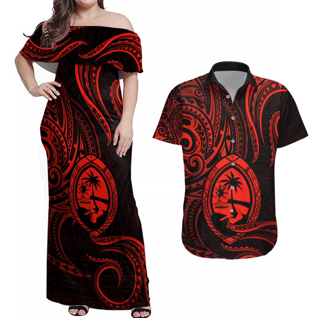 Polynesian Guam Coat of Arms Couples Matching Off Shoulder Maxi Dress and Hawaiian Shirt Polynesian Tribal Tattoo Red Version