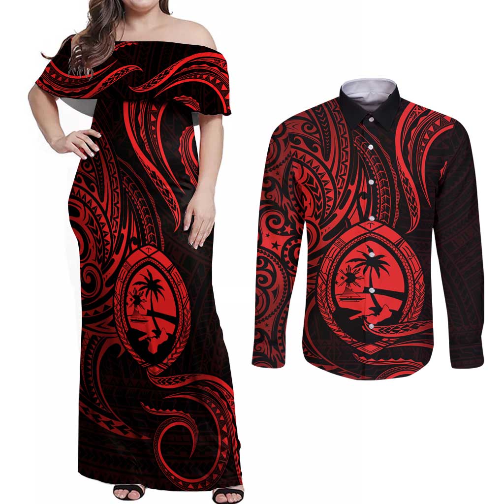 Polynesian Guam Coat of Arms Couples Matching Off Shoulder Maxi Dress and Long Sleeve Button Shirt Polynesian Tribal Tattoo Red Version