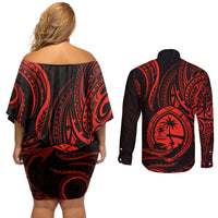 Polynesian Guam Coat of Arms Couples Matching Off Shoulder Short Dress and Long Sleeve Button Shirt Polynesian Tribal Tattoo Red Version