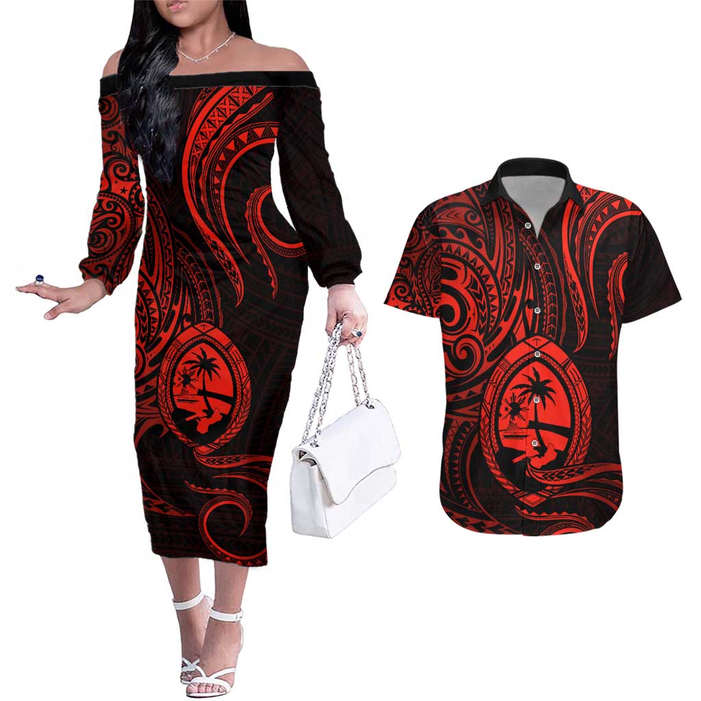 Polynesian Guam Coat of Arms Couples Matching Off The Shoulder Long Sleeve Dress and Hawaiian Shirt Polynesian Tribal Tattoo Red Version LT9 Red - Polynesian Pride